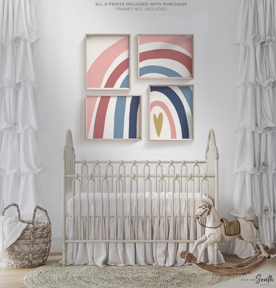 Rainbow Nursery Art Prints: Mauve Pink & Navy Blue Decor