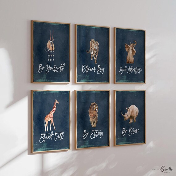 Navy blue nursery art for boy, navy blue playroom wall art, toddler boy room themes, boy jungle animal nursery art, nursery giraffe elephant