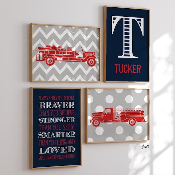 Fire truck nursery decor, firefighter nursery art, navy firetruck art, firetruck theme, boys firetruck decor, boy wall art, firefighter art