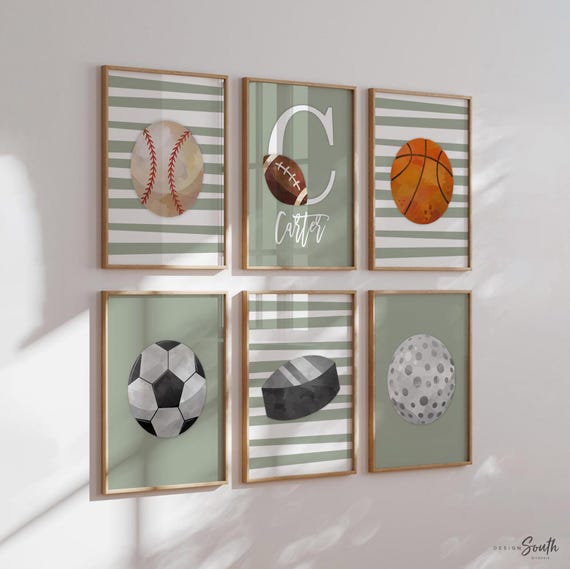Green sports collection print set boys name, sports theme wall, sports art personalized gift, light green baseball football kid wall art boy