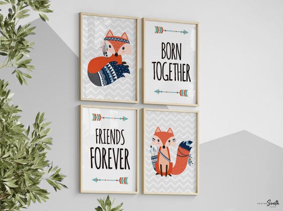 Twin nursery art, twin nursery decor, boy girl twins woodland, twin decor, twin art, nursery wall art for twins, twin foxes, born together
