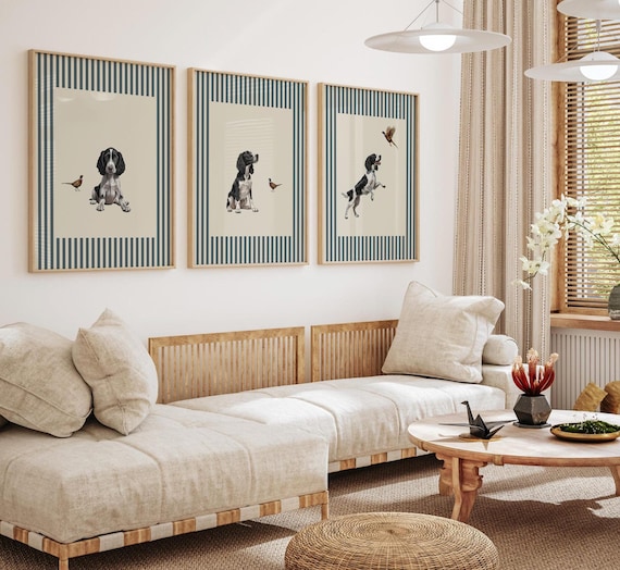 English Springer Spaniel Puppy Art Prints, Pheasant Hunting Dog Decor, Set of 3