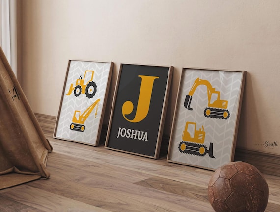 Gray construction nursery trucks, boy construction wall art, yellow gray dump truck theme decor, big boy construction room personalized name