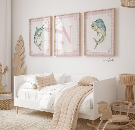 Mahi Mahi Marlin Nursery Wall Art Set of 3, Personalized Girls Fishing Prints, Pink Coastal Ocean Fish Decor, Fisherman Baby Girl Gift