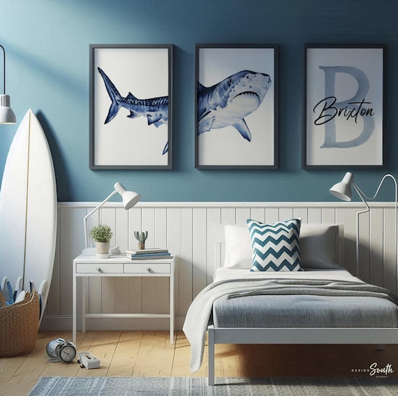 Personalized Shark Nursery Prints: Watercolor Ocean Art Set