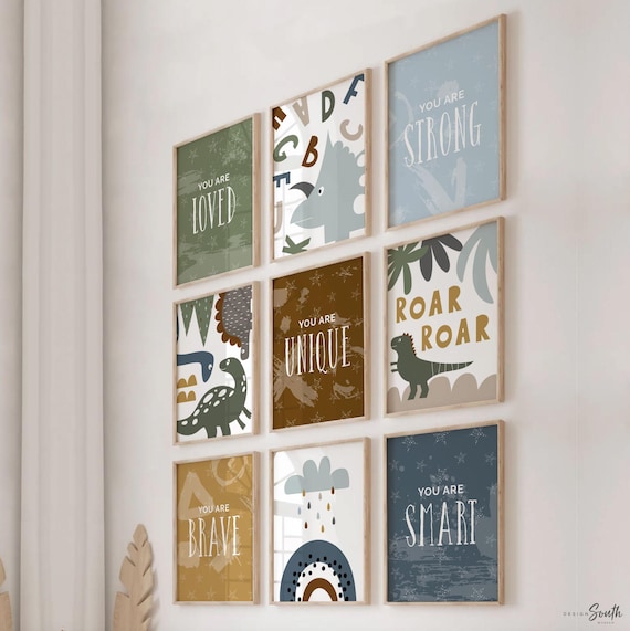 Boy dinosaur bedroom nursery or playroom, boys shared room wall ideas, modern dinosaur art prints for boys room, toddler little boy decor