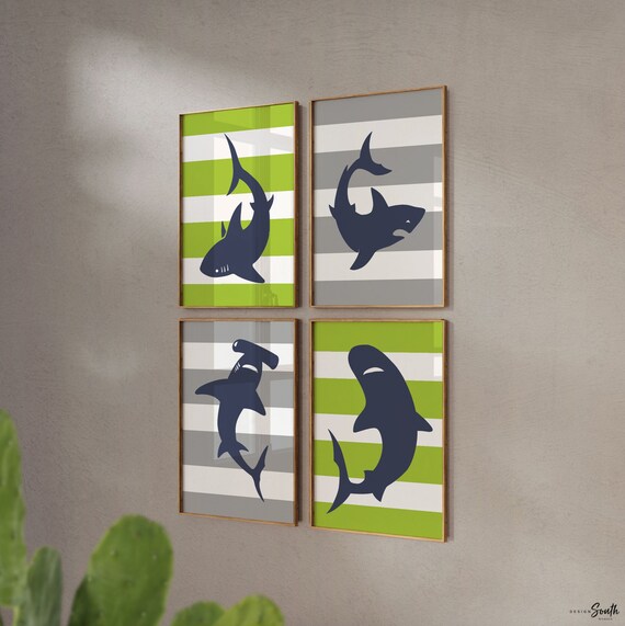 Shark wall art, shark decor, shark art room decor, shark nursery art, boys shark bedroom, bedroom shark theme, boys shark decor, lime green