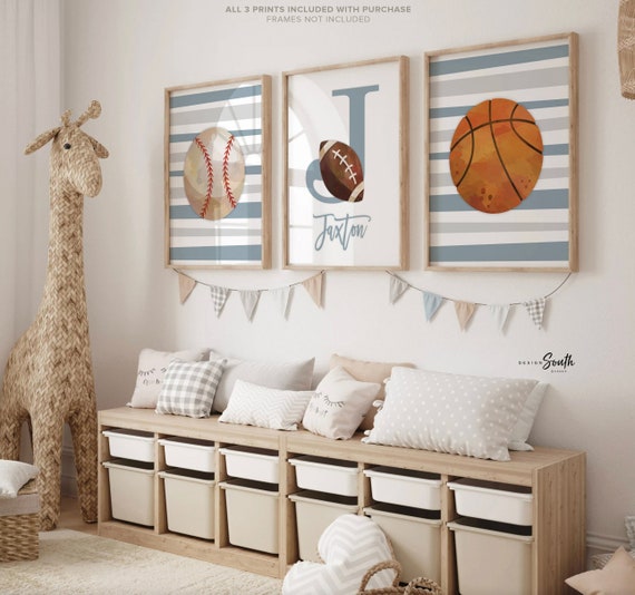 Stripes boys room decor, sports themed prints personalized, sports baby shower gift, gray striped sports art print, sports baby boy room art