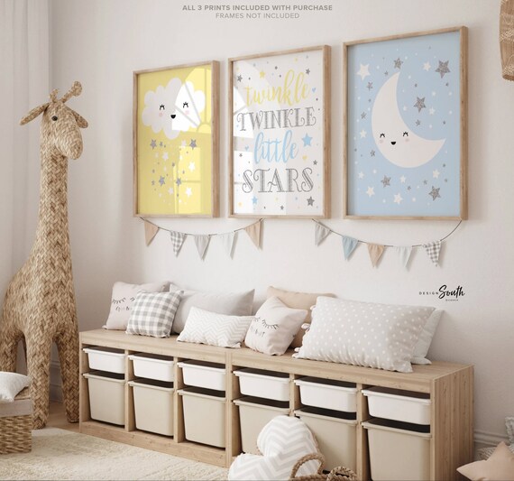Yellow gray blue twin nursery wall art, boy girl nursery decor, gift for twins yellow, baby shower twins, celestial theme stars clouds twin