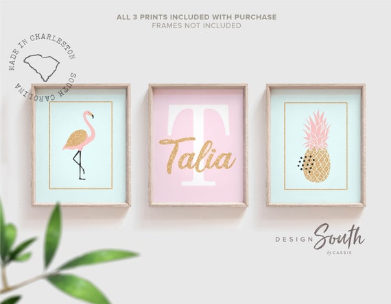 Pink aqua gold nursery decor, girls flamingo tropical themed nursery, monogram print girl name personalized art, gold sparkle flamingo decor