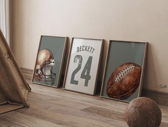 Sage Green Sports Nursery Decor: Personalized Football Name & Number Print Set