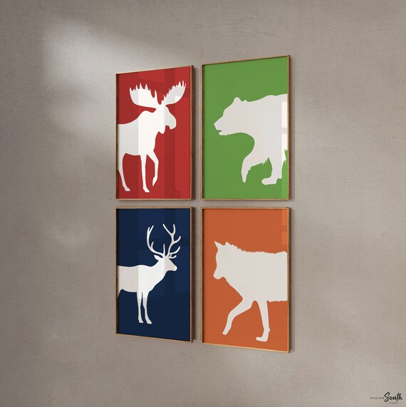 Kids colorful playroom art, primary color art set for kids, forest animals deer moose bear wolf, navy blue orange red and green woodland art