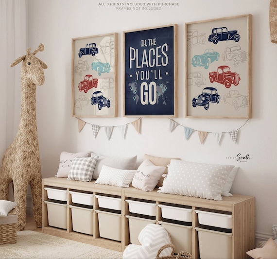 Vintage car wall art, cars nursery art, kids wall art, nursery decor, boy nursery art, vintage cars wall prints, red car art, red and blue