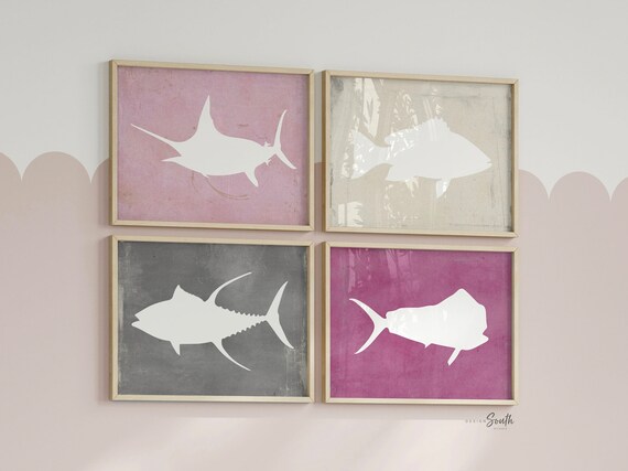 Pink fish bedroom wall art, saltwater fish decor, pink gray fishing theme, fish prints, fisherman art prints, fish nursery art, fish decor