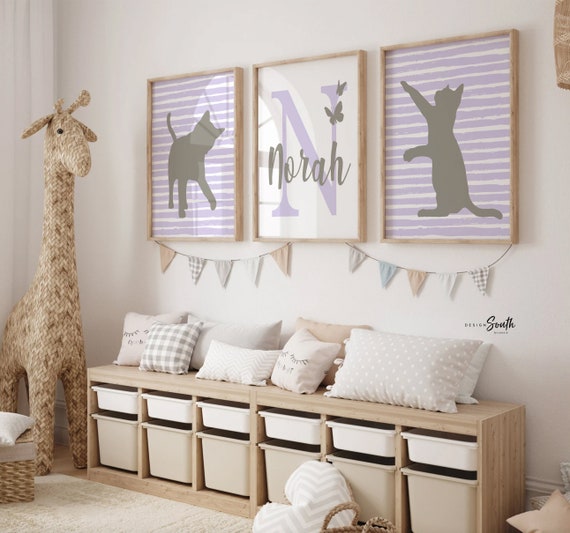 Kitten art print for nursery, little girl's room kitten decor accessories, lilac purple and gray, cat girl room, kitten posters personalized