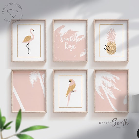 Girl tropical themed nursery decor, soft blush pink gold sparkle personalized wall decor for girls, flamingo themed nursery decor wall art