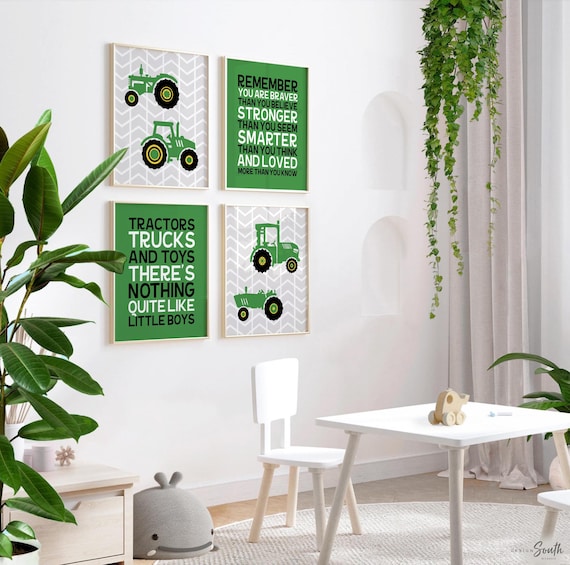 Kids farm tractor truck theme bedroom decor, baby boy tractor gift, boy nursery tractor theme, print poster set green gray tractor trucks