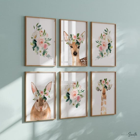Watercolor Woodland Nursery Art Prints: Deer, Bunny, Giraffe