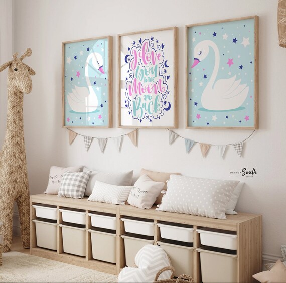Pink and aqua nursery, swan wall art for girls, girls hot pink and aqua decor, I love you to the moon and back, swan baby pink nursery decor