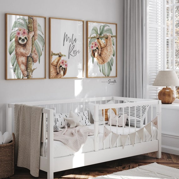 Dusty Rose Sloth Nursery Art: Tropical Floral Baby Girl Decor