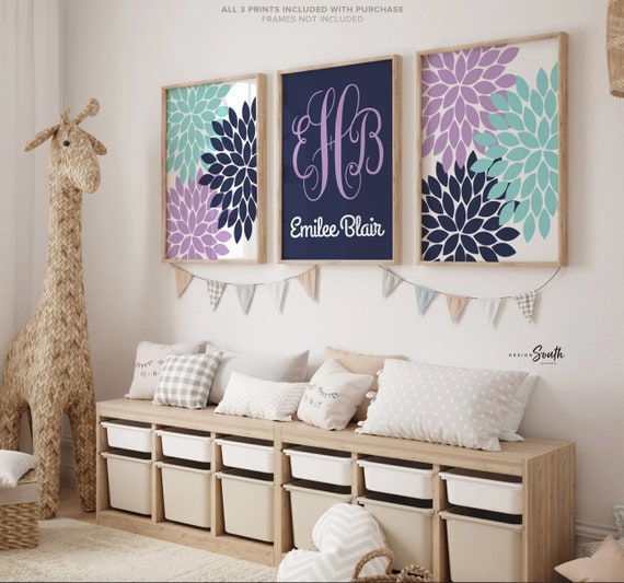 Purple navy and aqua nursery wall art, personalized nursery decor, purple aqua nursery, monogram decor, purple aqua girls bedroom wall art