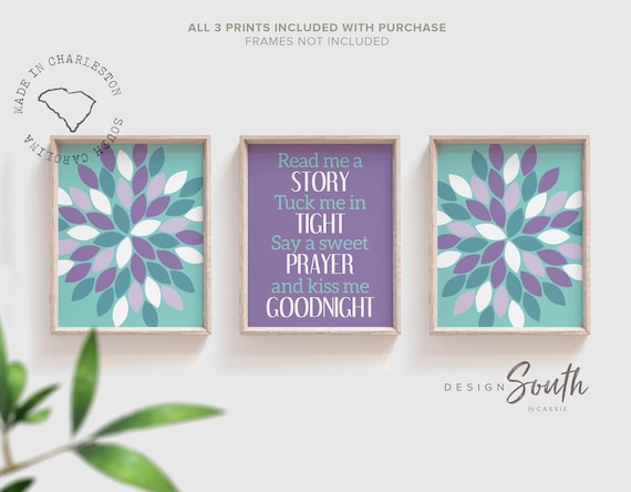 Purple and teal nursery quote for girl room, floral wall art for nursery purple aqua teal blue, gift for newborn baby girl, baby shower gift