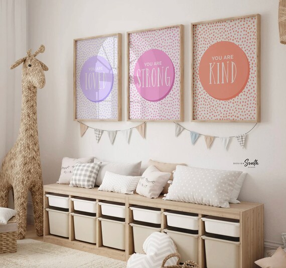 Art prints purple pink coral, little girl room art set, you are strong, you are loved, you are kind, positive print set for kids set of 3
