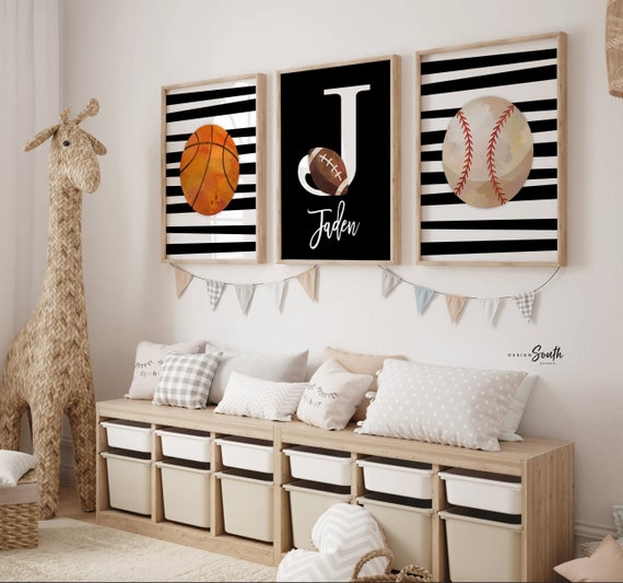 Sports wall prints for kid room, sports balls wall pictures, sports art personalized gift, basketball baseball football wall art boy nursery