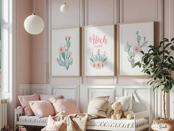 Floral monogram name, baby nursery, custom name, personalized bedroom wall decoration, floral cactus pink succulents, baby girl pink nursery