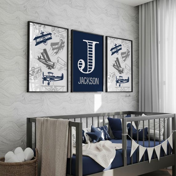 Airplane Nursery Art Prints: Boys Room Decor, Custom Monogram