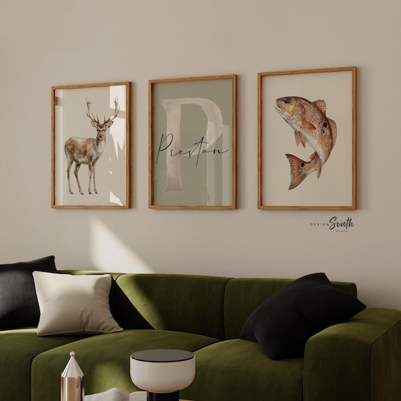 Personalized Deer & Redfish Nursery Wall Art Set of 3, Sage Green Buck, Red Drum Prints, Little Fisherman Boy Nursery Decor