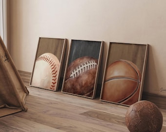 Boys Sports Nursery Prints – Baseball, Football & Basketball Wall Art for Bedroom Decor (Set of 3)