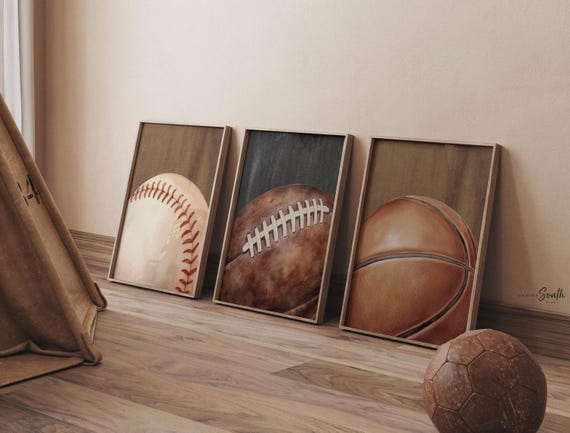 Boys Sports Nursery Prints – Baseball, Football & Basketball Wall Art for Bedroom Decor (Set of 3)