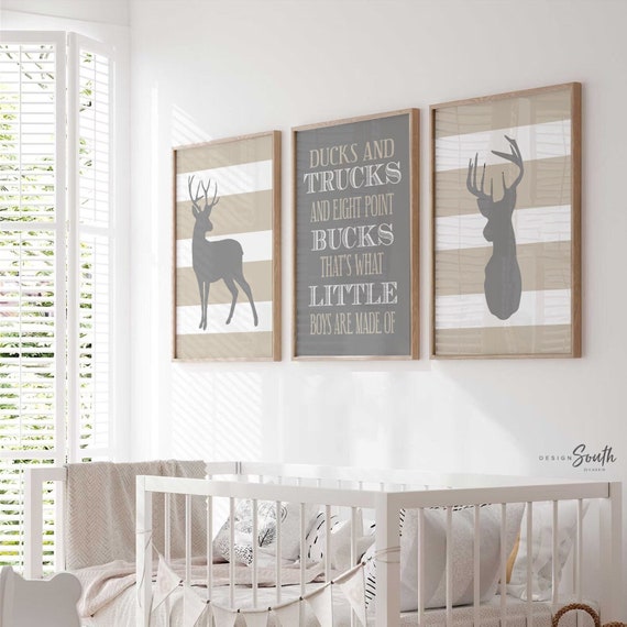 Neutral gray deer nursery wall art, big boy bedroom, gray tan buck antler deer nursery decor, playroom wall little boy, deer hunting bedroom