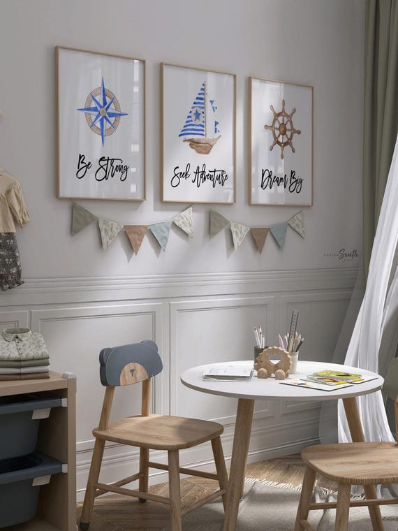 Nautical Nursery Art Prints: Compass, Sailboat, Ship Wheel
