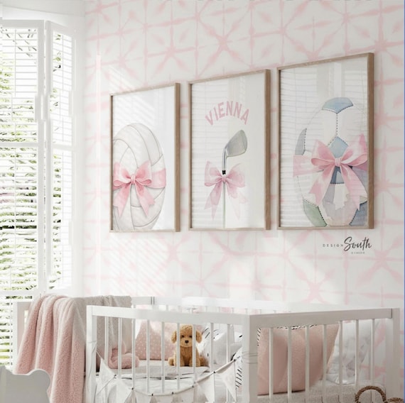 Girls Sports Nursery Wall Art Set of 3, Pink Soccer Volleyball Golf Prints with Bows, Personalized Baby Girl Room Decor