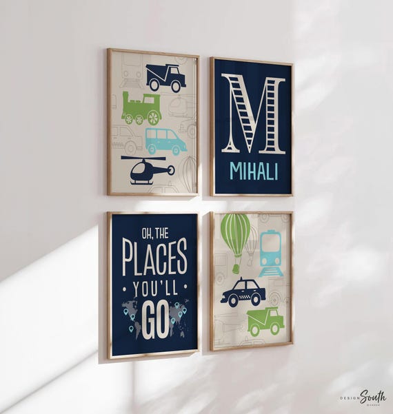 Transportation Nursery Art Prints: Navy, Aqua, Clover - Unframed