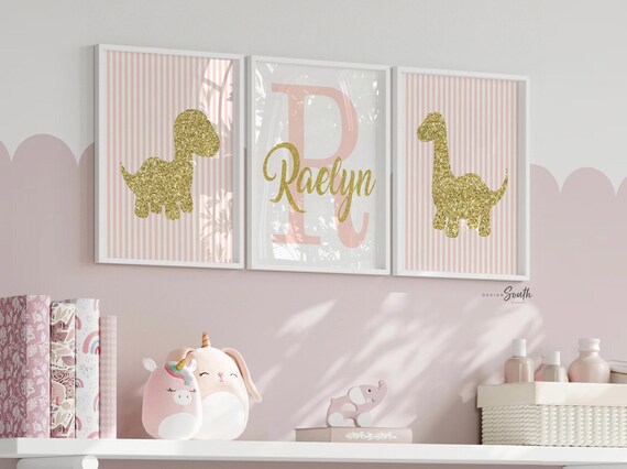Girls pink gold dinosaur art, girls personalized dinosaur room wall art, dinosaur nursery for baby girl, pink dinosaur bedroom wall decor