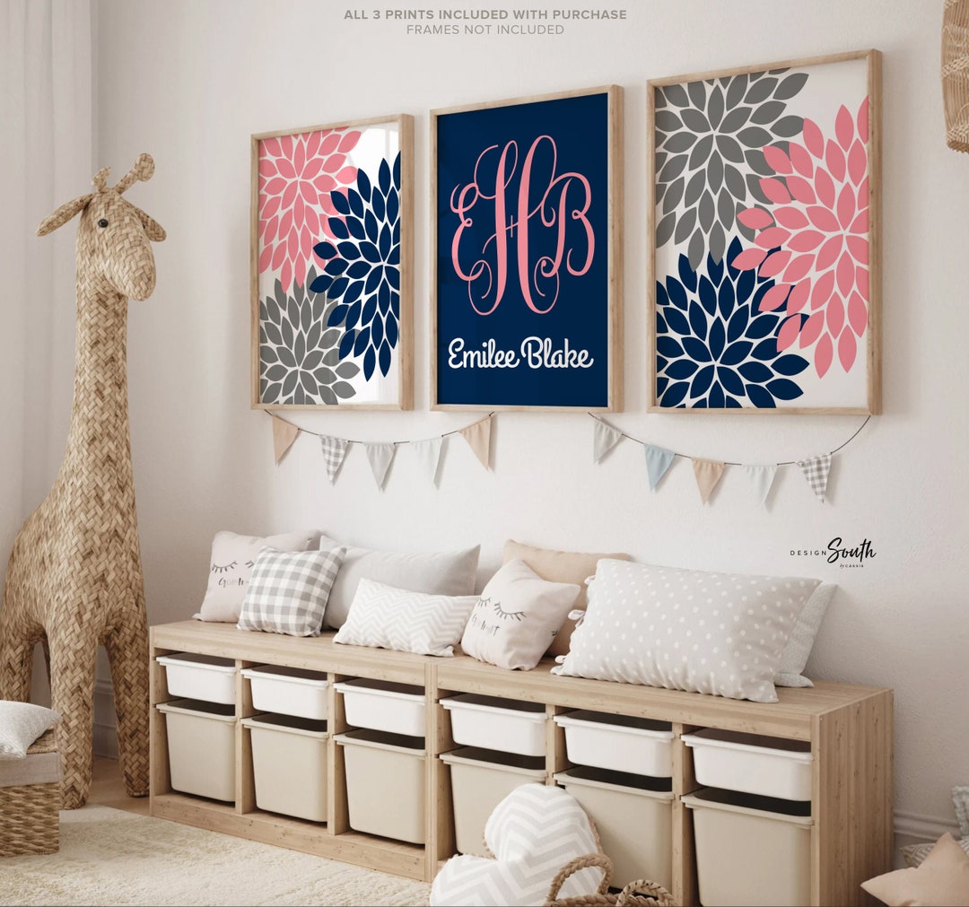 Pink and Navy Wall Art, Pink Navy Nursery, Monogram Wall Art, Baby Girl
