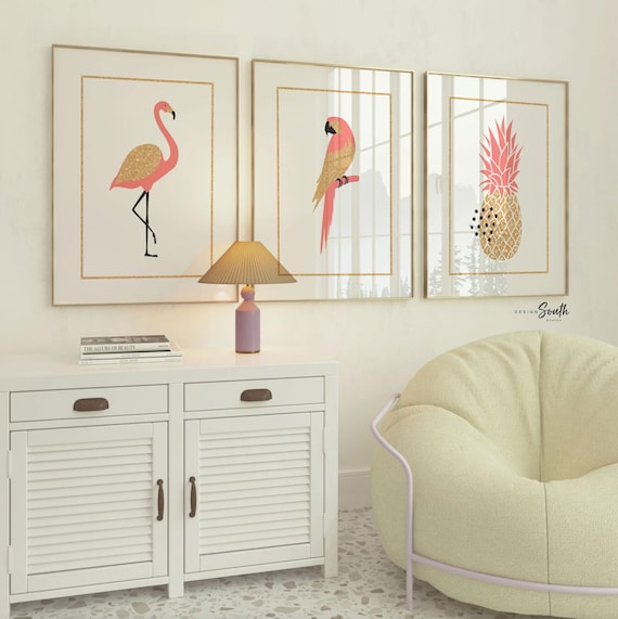 Coral Flamingo Nursery Art Prints: Tropical Pineapple Parrot Decor