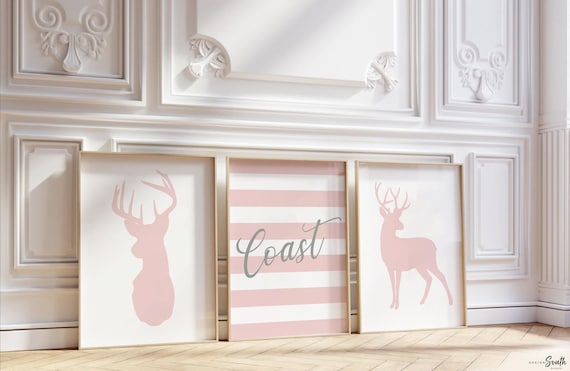 Girl deer room in pink and gray, personalized deer nursery wall art, blush pink deer art, deer hunting decor for little girl, pink fawn baby