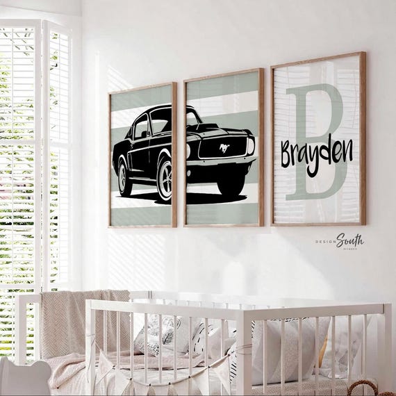 1967 Mustang Nursery Prints, Soft Green and Black Car Wall Art, Personalized Boys Room Decor, Vintage Muscle Car Prints
