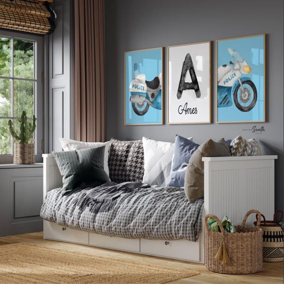 Personalized Police Nursery Wall Art – Blue & Black Monogram, Police Car and Motorcycle – Set of 3 Boys Room Prints