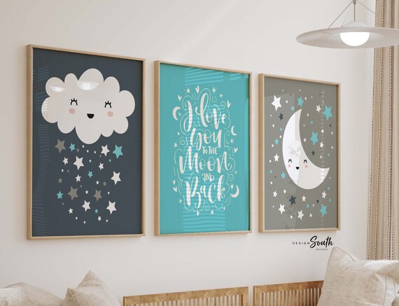 Aqua navy gray boys nursery wall art, cloud moon and star celestial theme boy decor, star baby boy art, nursery wall pictures blue gray star