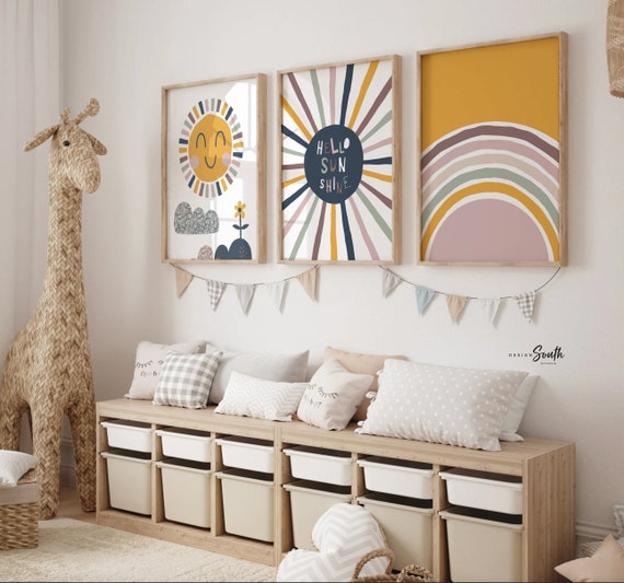 Sunshine nursery wall art, hello sunshine sun rays clouds rainbow neutral colors, gender neutral baby room wall art, unisex themes room idea