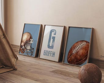 Football Nursery Wall Art Set of 3, Blue Football Helmet Name Initial Prints, Personalized Boy Room Decor, Baby Toddler Gift Idea