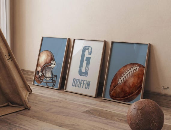 Football Nursery Wall Art Set of 3, Blue Football Helmet Name Initial Prints, Personalized Boy Room Decor, Baby Toddler Gift Idea