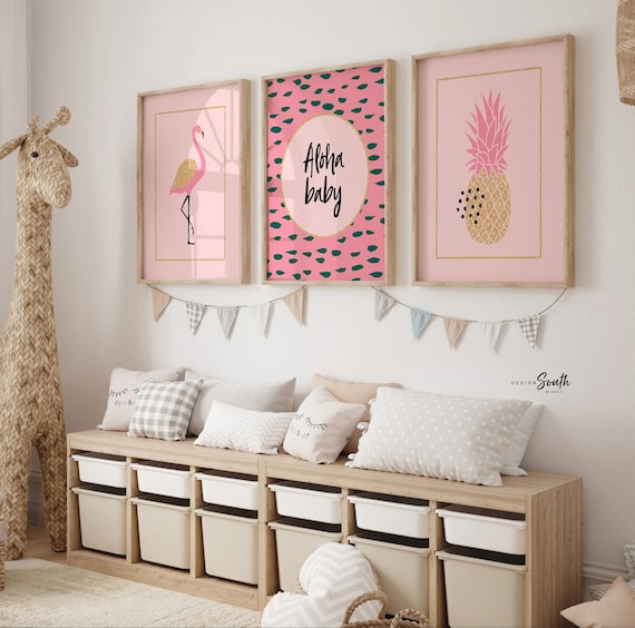 Aloha baby, pink and gold flamingo nursery, pink flamingo nursery, girls tropical name art, pink and gold room decor, baby girl flamingo art