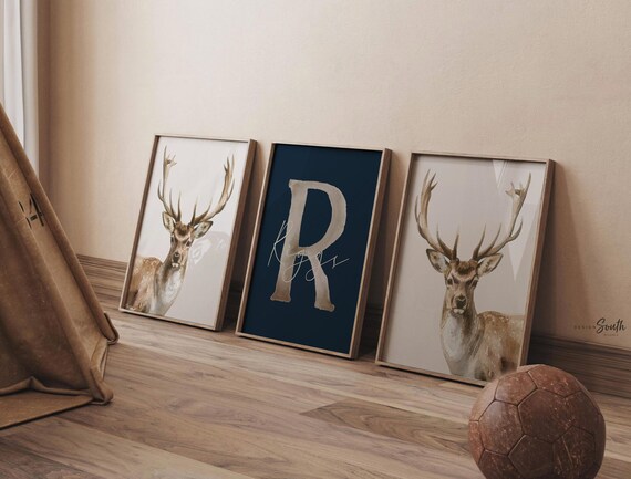 Personalized Deer Nursery Art: Watercolor Buck Prints, Rustic Boy Decor (Set of 3)
