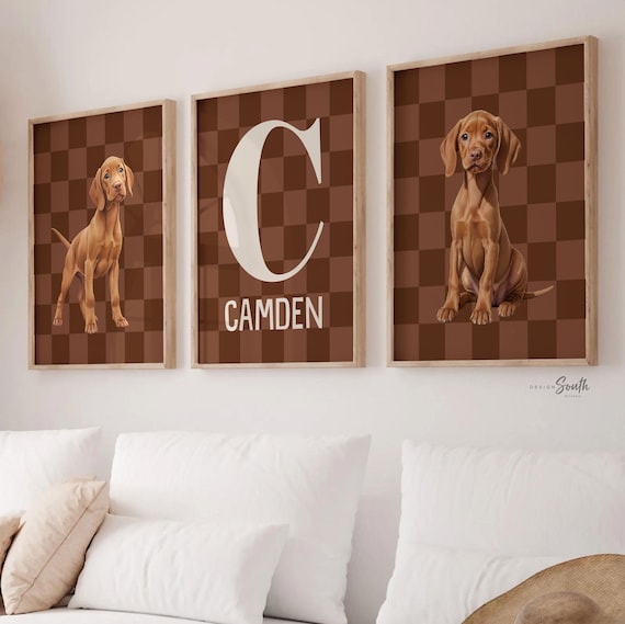Vizsla Puppy Nursery Prints: Brown Checkerboard Name Initial Art, Set of 3